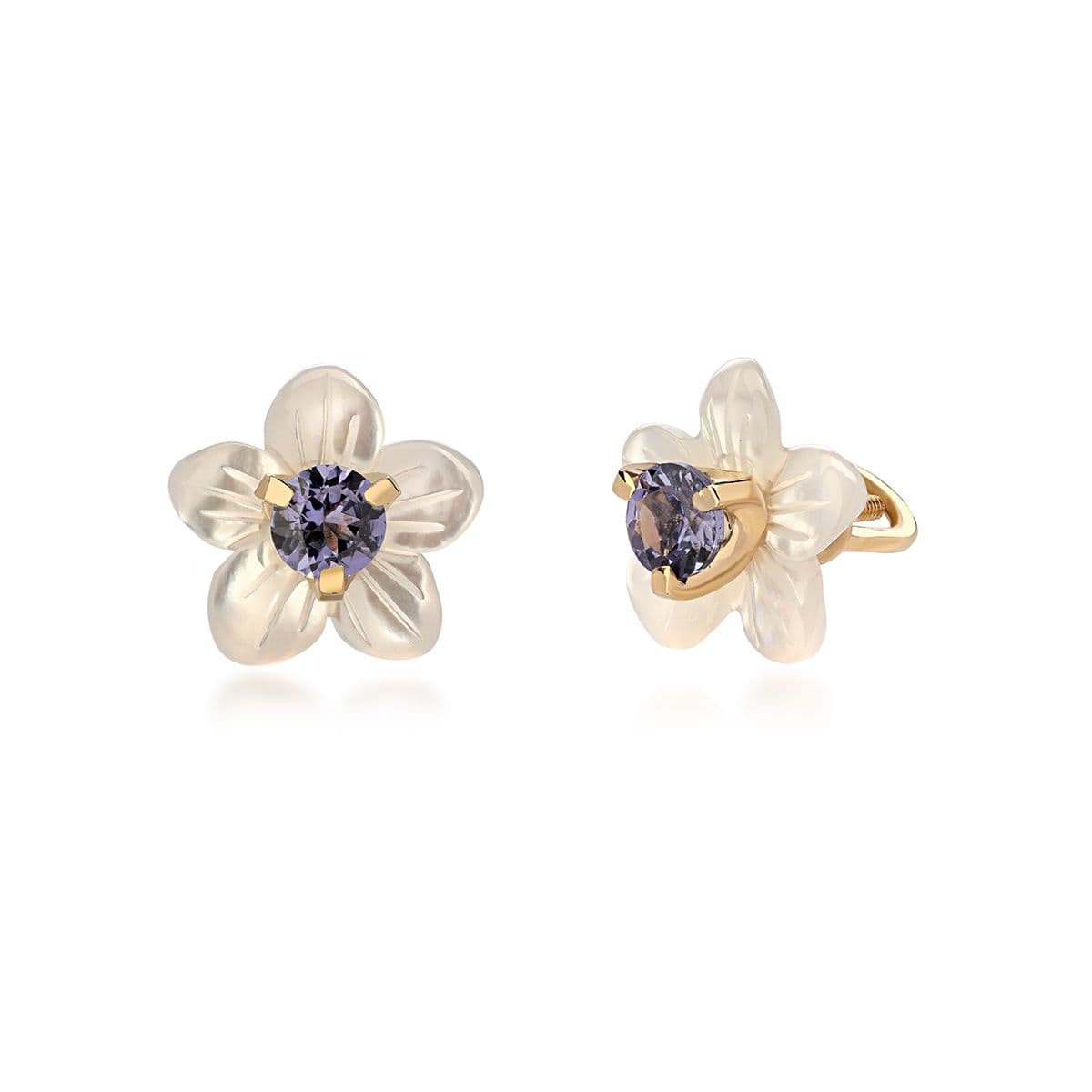 Золотые серьги Fleur от GEMGALLERY с перламутром и шпинелью 