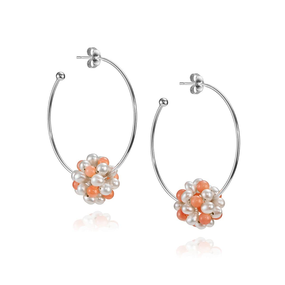 Серьги Коралловый цветок с жемчугом и кораллом