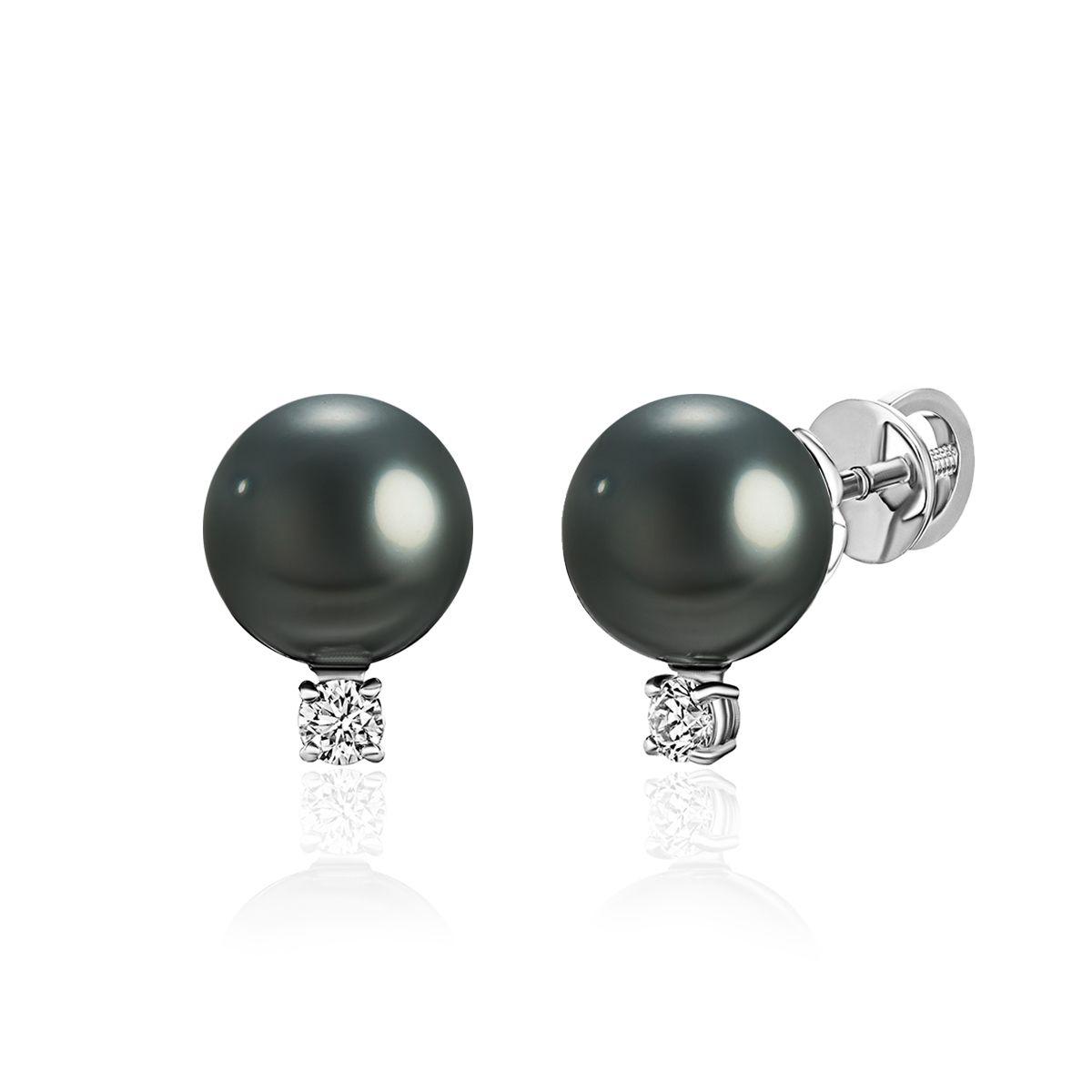 Серьги-пусеты Agnes от GEMGALLERY из белого золота с жемчугом Таити и бриллиантами