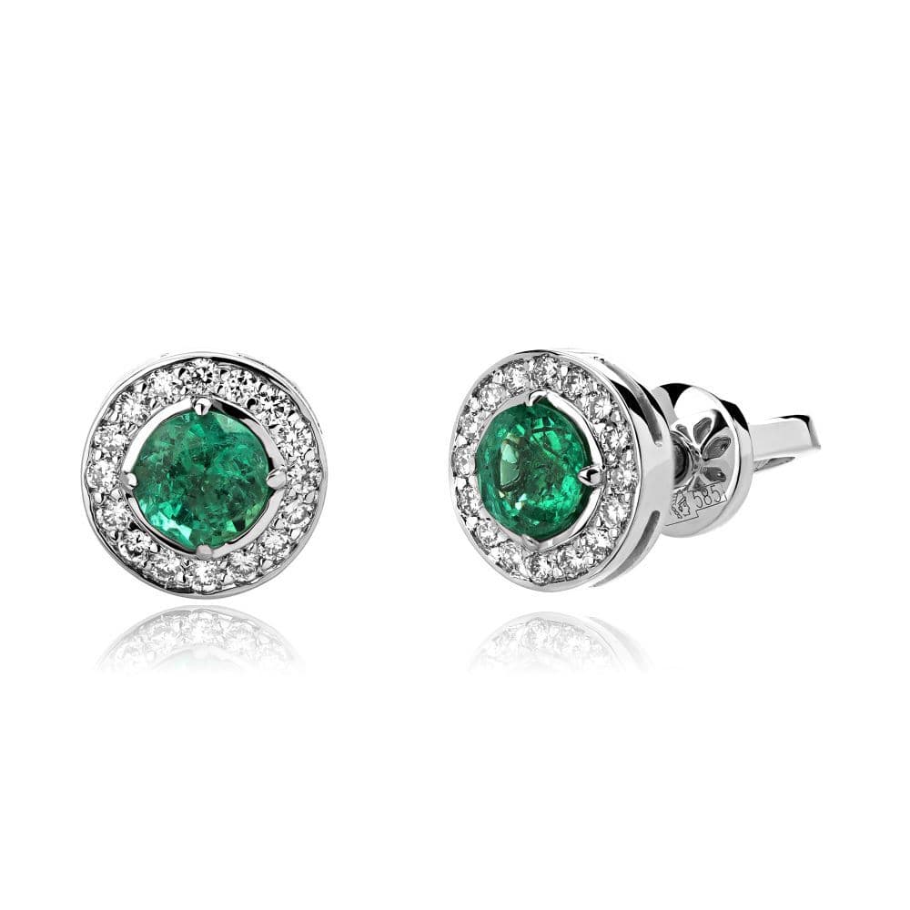 Серьги-пусеты Collana от GEMGALLERY из белого золота с изумрудами и бриллиантами
