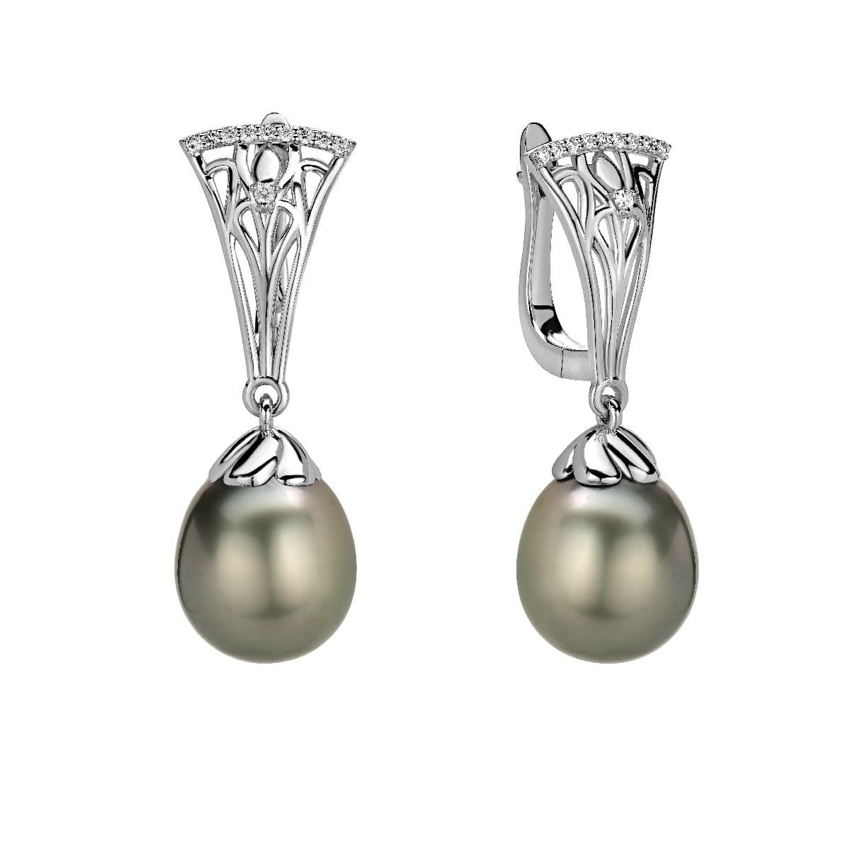 Серьги Madow от GEMGALLERY из белого золота с жемчугом Таити и бриллиантами