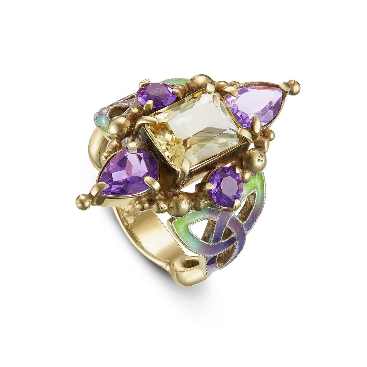 Позолоченное кольцо Сказка с лимонным кварцем и аметистами от DARIA.JW