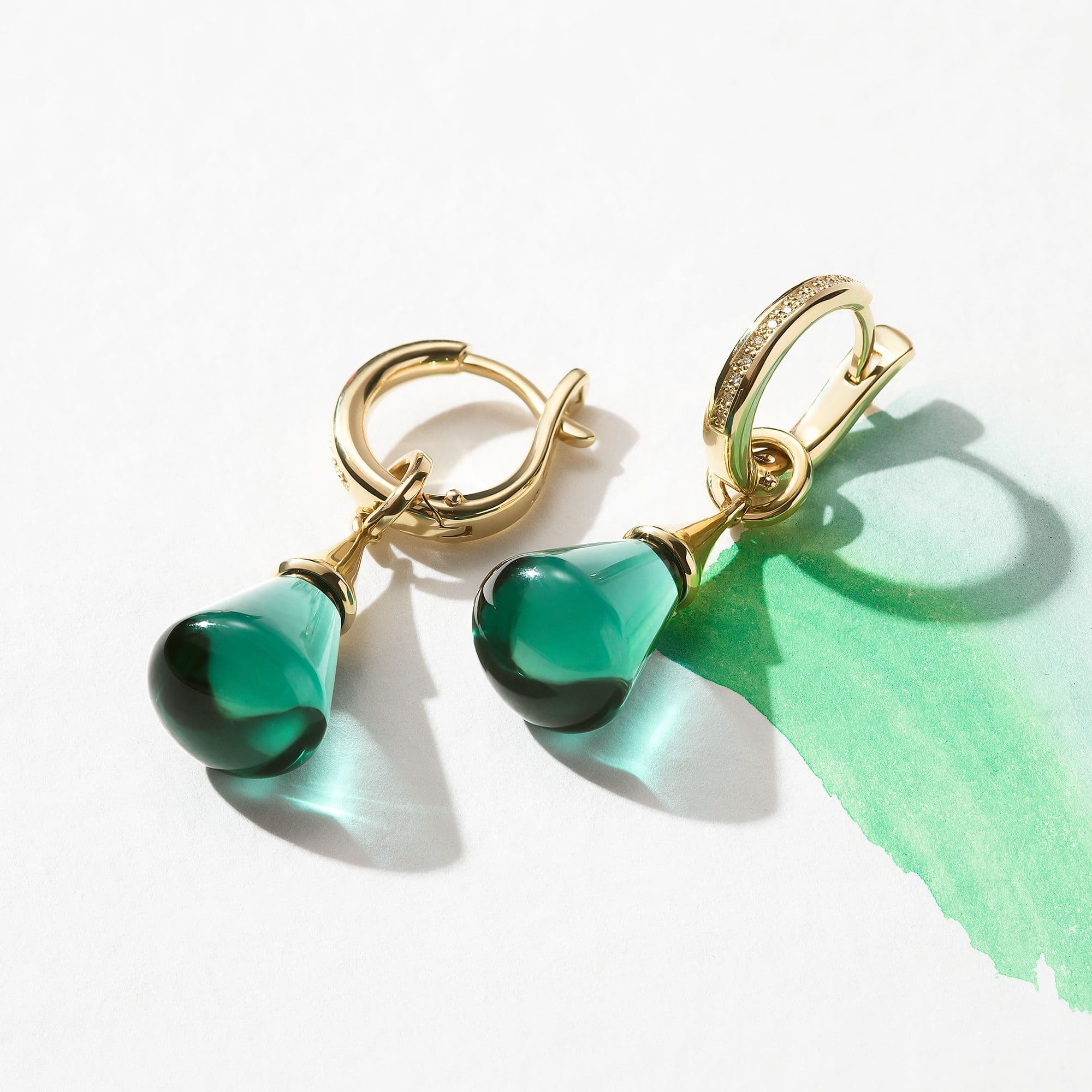 Золотые серьги-трансформеры Алхимия от Daiko Jewellery с празиолитами и бриллиантами 