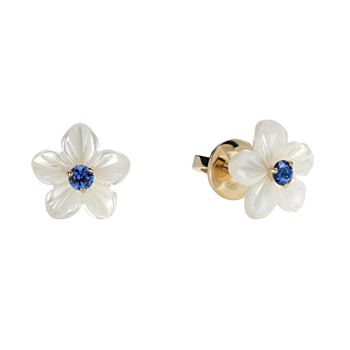 Золотые серьги Fleur от GEMGALLERY с перламутром и сапфиром 