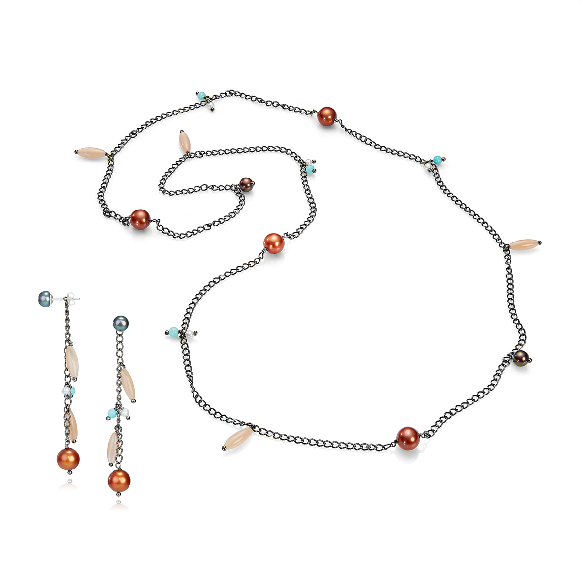Ожерелье и серьги Динь-Динь с жемчугом, амазонитами и лунным камнем 