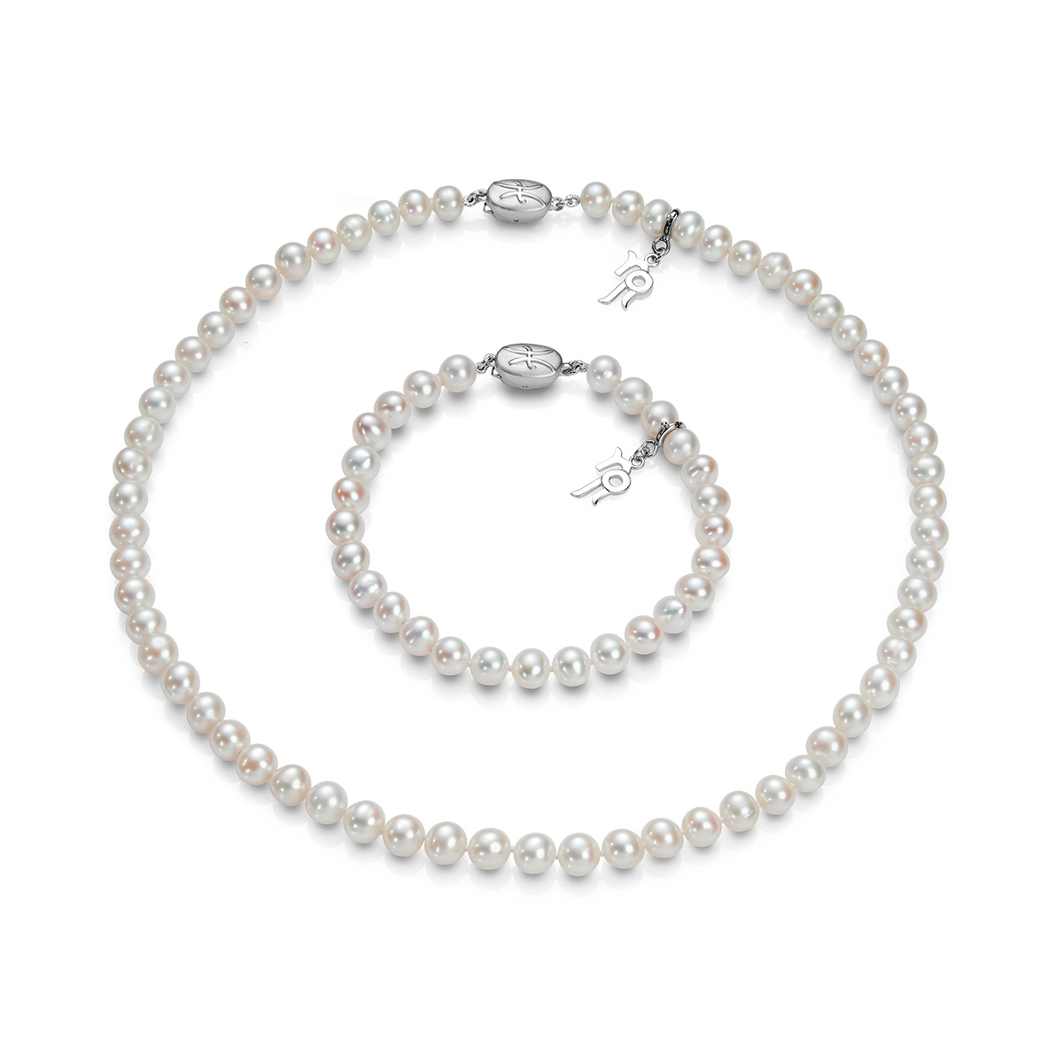 Классический комплект ожерелье и браслет из белого жемчуга