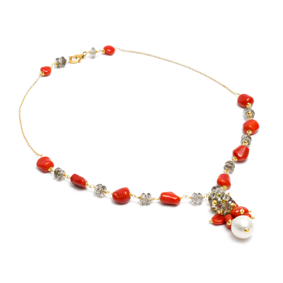 Ожерелье Макао с жемчугом, кораллом и кварцем