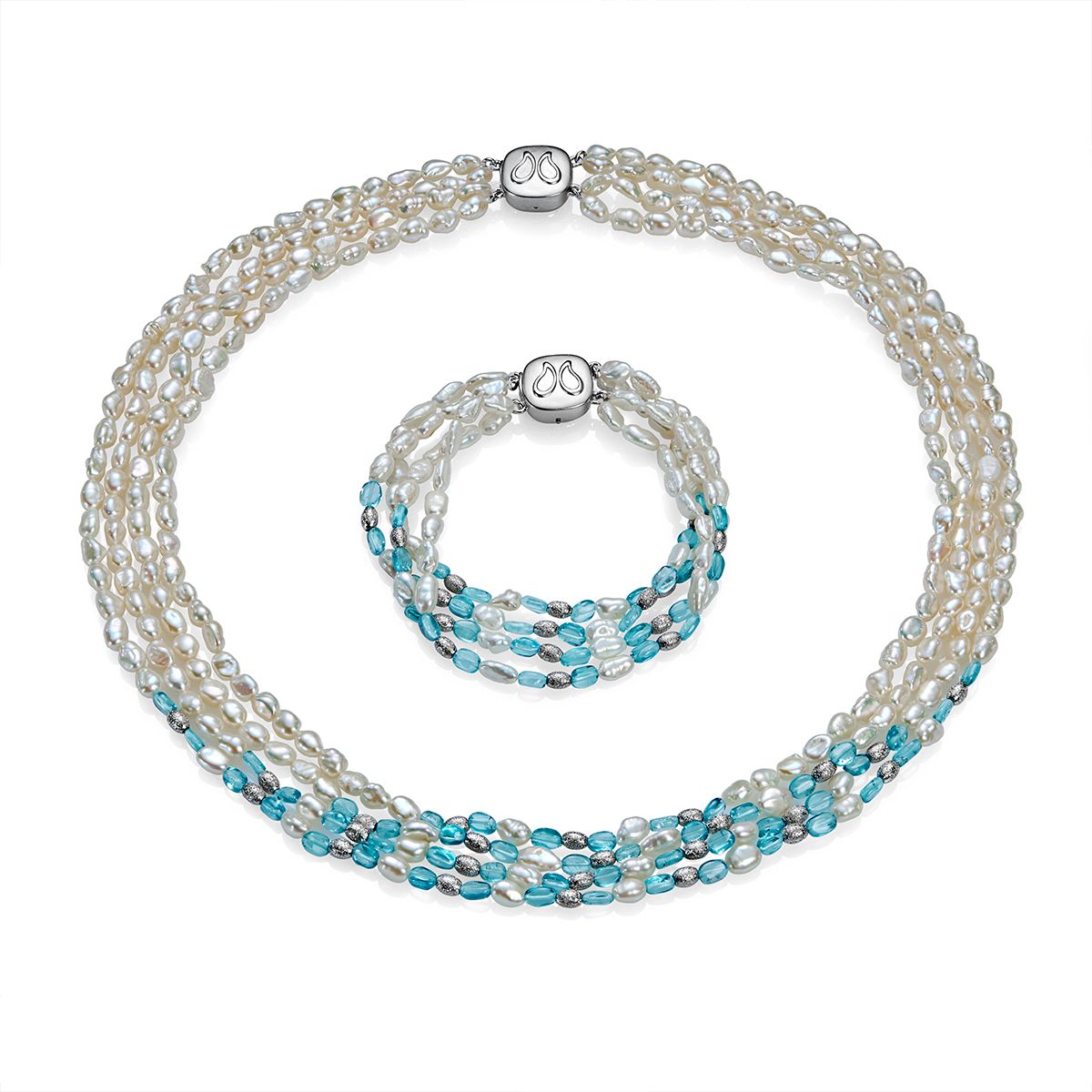 Ожерелье и браслет Волна из жемчуга Барокко с апатитами
