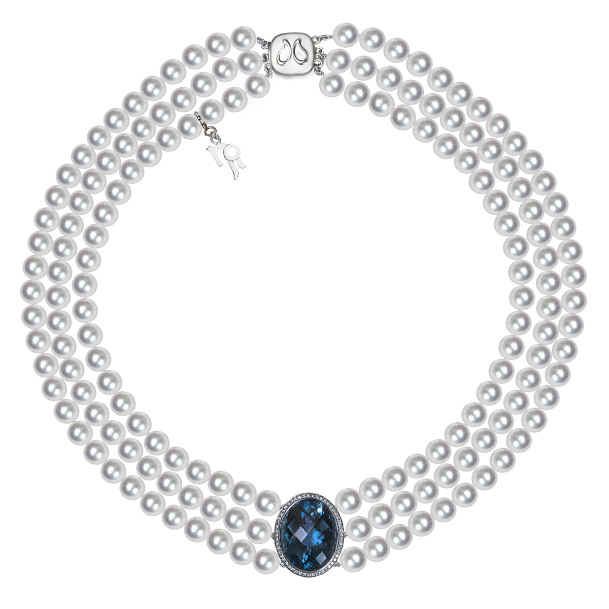 Ожерелье Диана из морского жемчуга Акойя с синим топазом