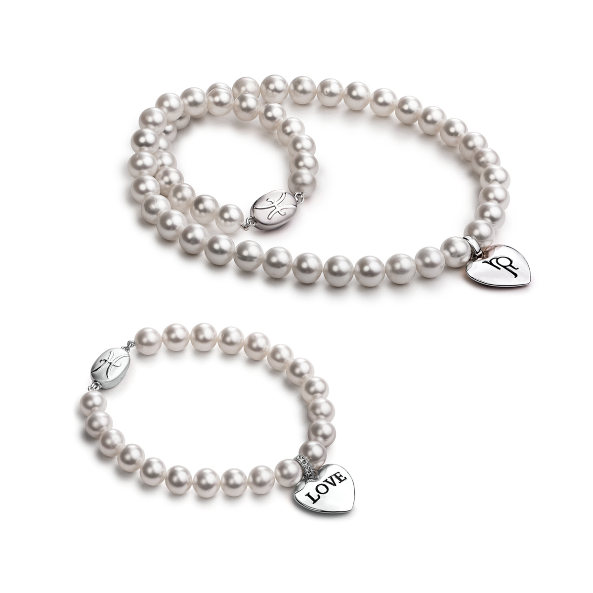 Ожерелье и браслет из белого жемчуга с подвесками Сердце
