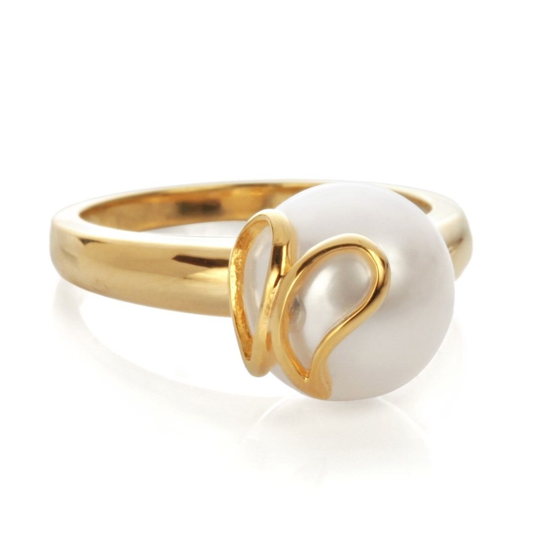 Позолоченное кольцо Бабочка с белой жемчужиной