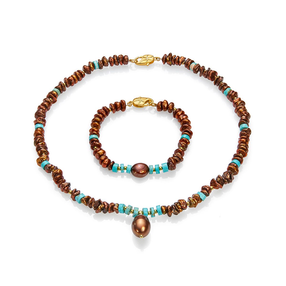 Ожерелье и браслет Ладога из бирюзы и жемчуга цвета "шоколад"