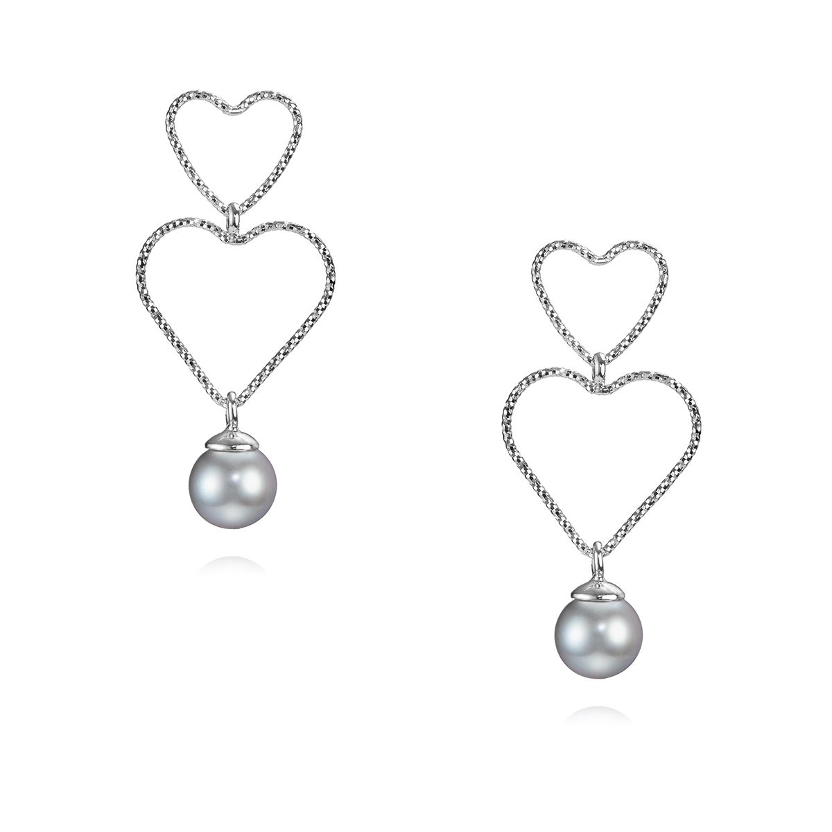 Серебряные серьги Амур в форме сердец с серым жемчугом 