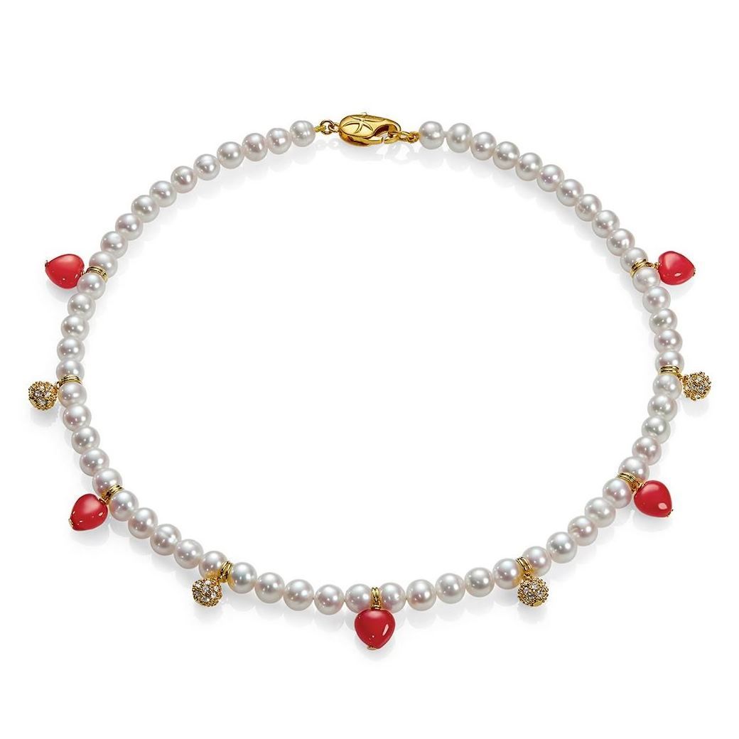 Ожерелье Аморе из пресноводного жемчуга с красным жадеитом
