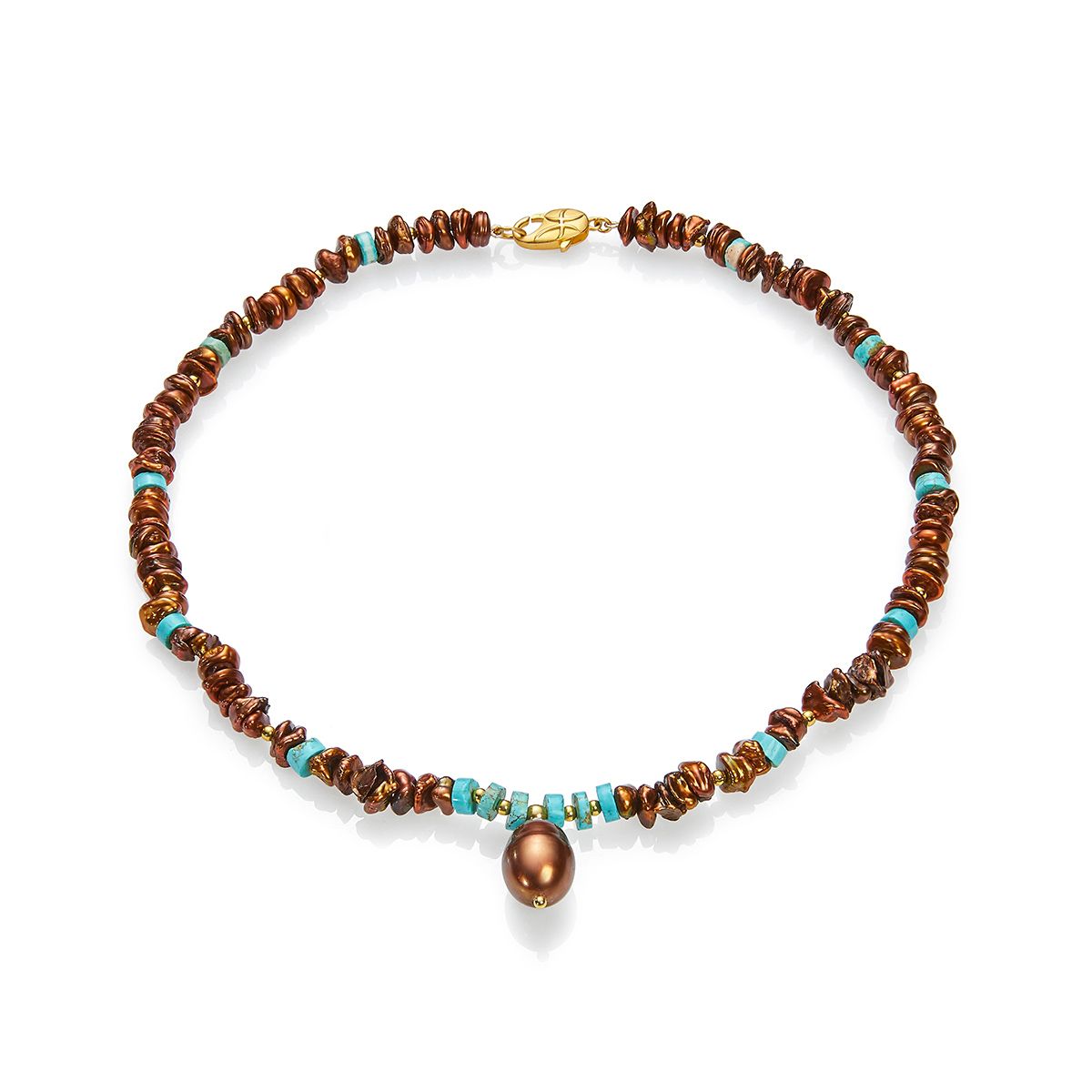 Ожерелье Ладога из бирюзы и жемчуга цвета "шоколад"