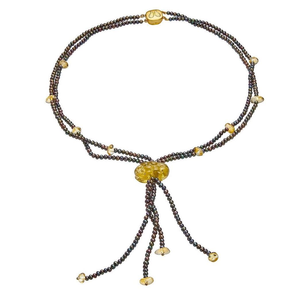 Ожерелье Уинстон из чёрного жемчуга и кварца ручной огранки